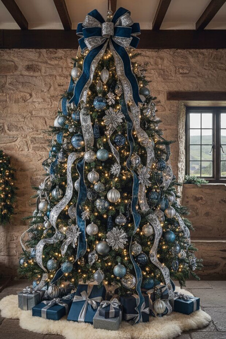 Traditional Christmas tree with blue and silver ornaments