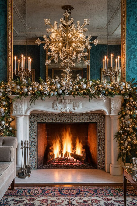 Fireplace mantel decorated in a snowflake theme