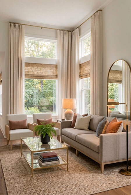 small neutral modern living room tall ceilings