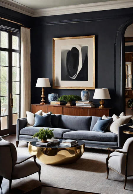 Neutral living room with black walls