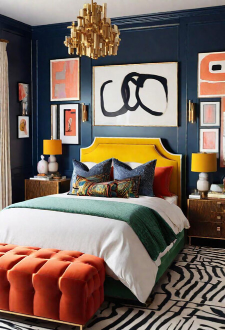 Vibrant bedroom with black walls