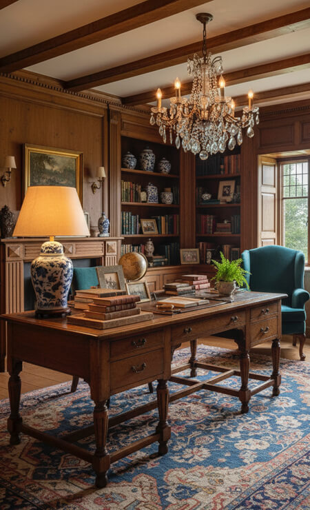 english country home office with chandelier