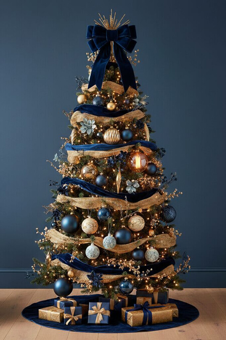 Modern bold Christmas tree decorating ideas with gold and blue