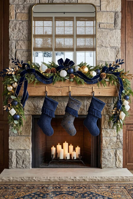 Rustic fireplace mantel decorated with navy blue Christmas decor