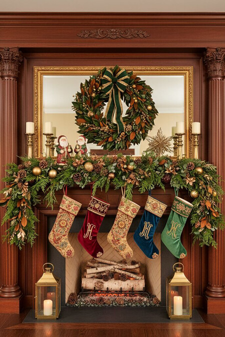 Traditional fireplace mantel decorated for Christmas in an old money style