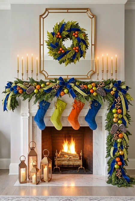 Vibrant colorful Christmas decor on a fireplace mantel