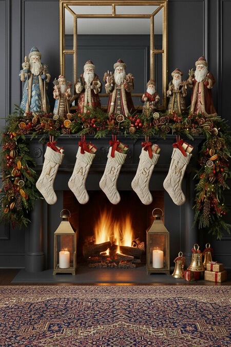 Traditional Christmas decor for a fireplace mantel with a collection of Santas
