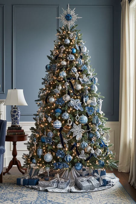 Gorgeous Christmas tree with blue and silver decorations
