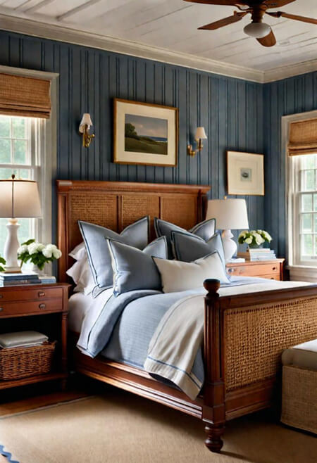 Coastal style bedroom with painted paneling