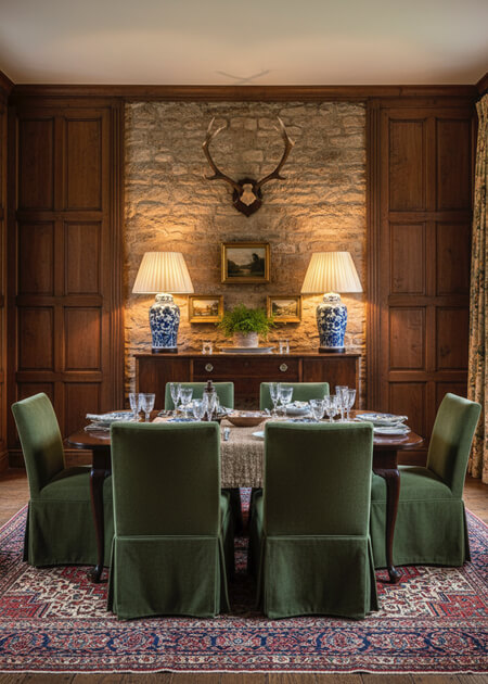 english country dining room iwth green velvet slipcovered dining chairs