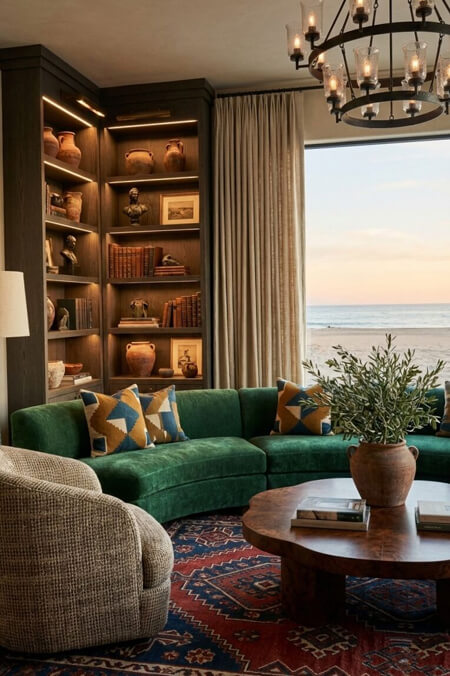 Modern beach house living room with bookcases