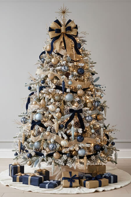 Dramatic high contrast blue and gold Christmas tree