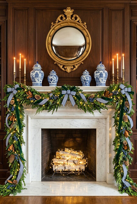 Traditional fireplace mantel decorated for Christmas with blue and white
