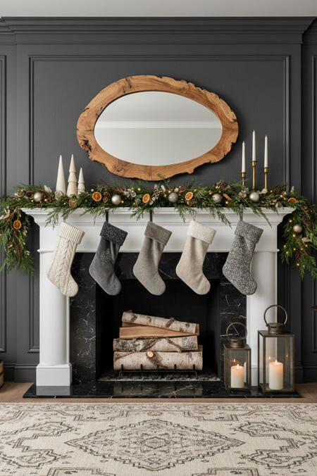 Rustic modern fireplace mantel decorated for Christmas