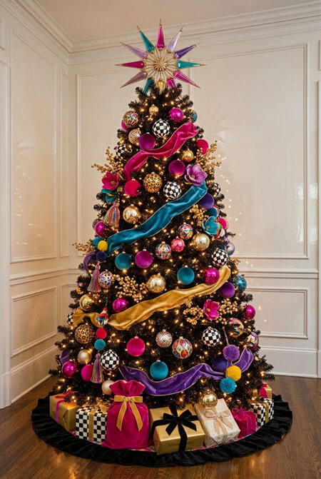 Colorful decor on a black Christmas tree