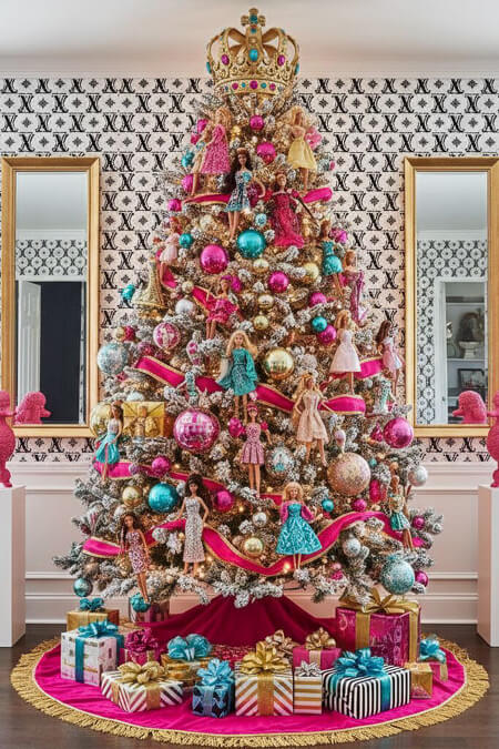 Christmas tree with Barbie dolls used as ornaments