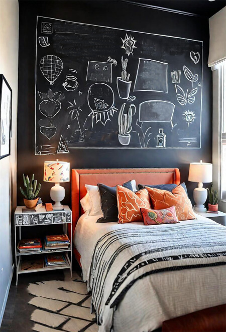 fun bedroom with a chalkboard wall