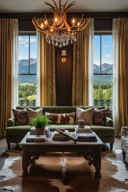 Cow print rug and pillow in a living room