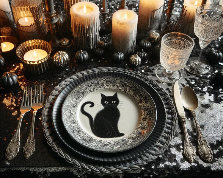 black cat halloween tablescape