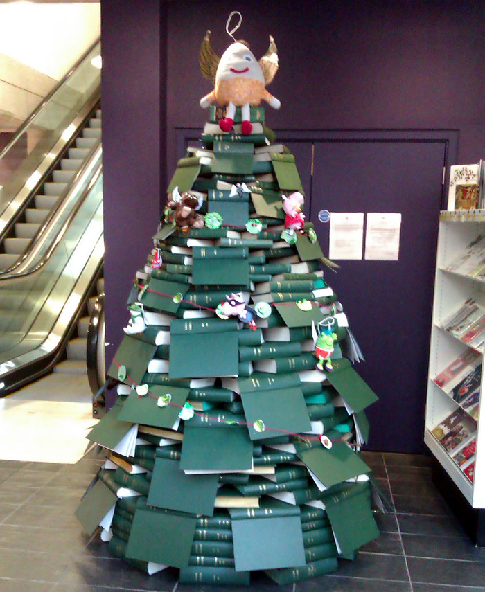 Christmas tree made out of books - perfect for a library