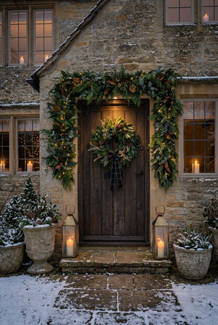 Rustic front porch decorated for Christmas