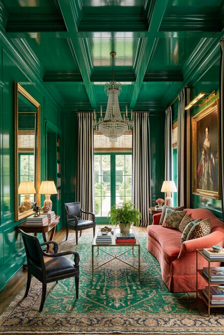 Bold living room with a coffered ceiling