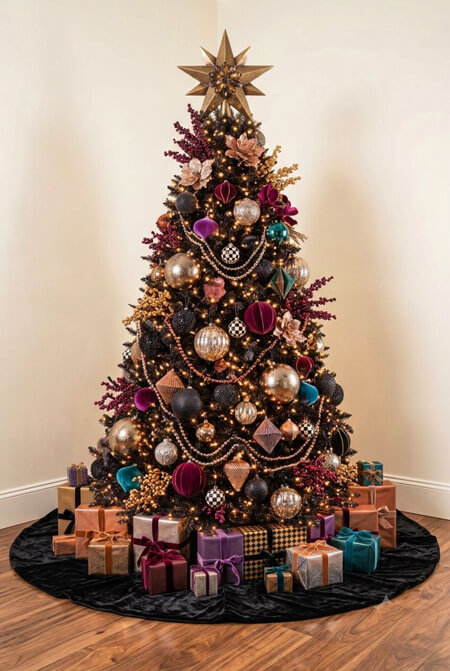 Black Christmas tree with jewel tone decor