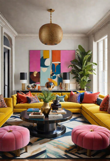 colorful living room yellow pink orange blue