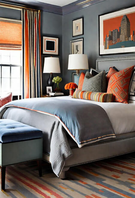 contemporary bedroom stripe diamond gray orange patterns