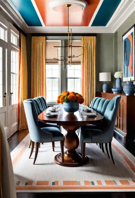 dining room orange teal ceiling striped