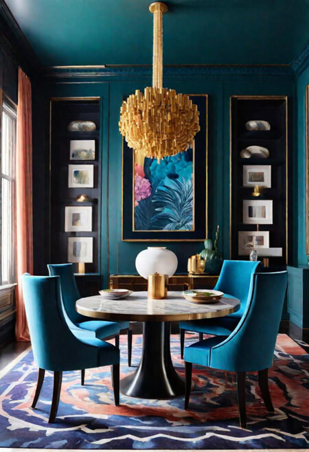 dining room teal gold pink peach navy black