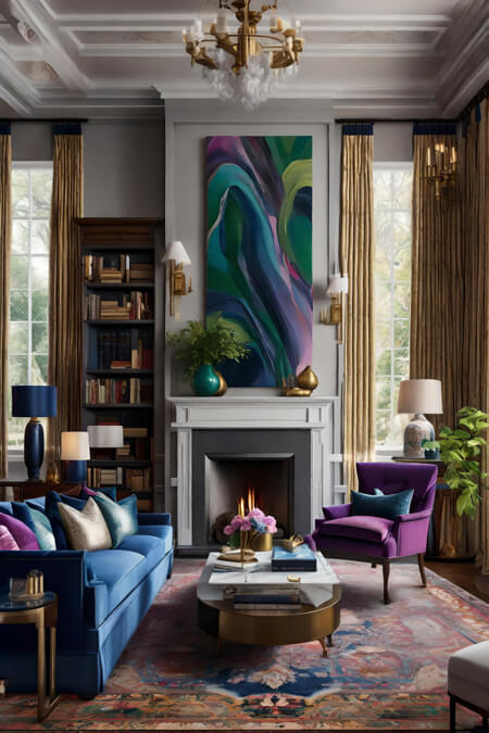 Medium gray purple blue dramatic living room