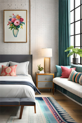 edit white brick wall flower art bedroom