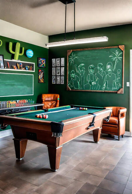 Green chalkboard in a game room with a pool table