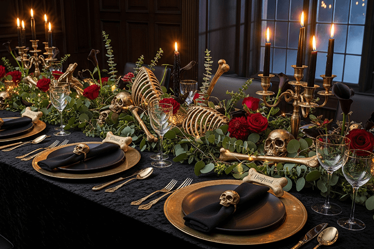 gold bones halloween tablescape