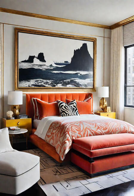 gold wall trim bedroom orange bed