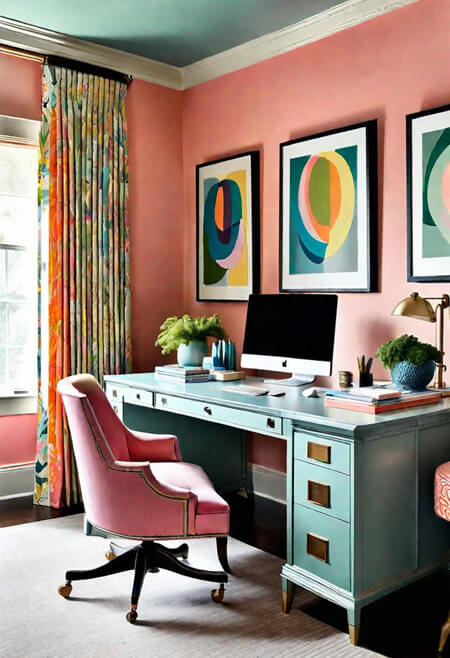 home office pink aqua orange yellow
