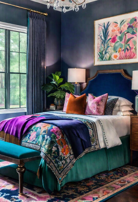 jewel tone bedroom navy orange green teal
