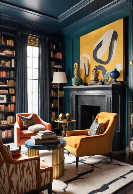 library living room teal navy yellow orange