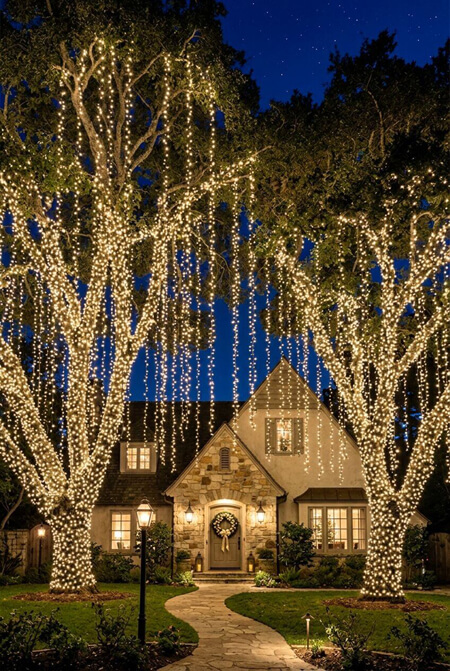 Dramatic Christmas lights in a front yard
