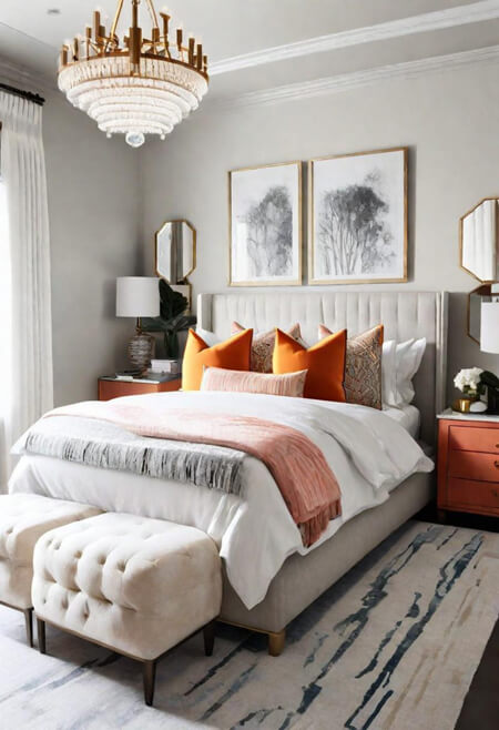 neutral bedroom gray bed orange accents
