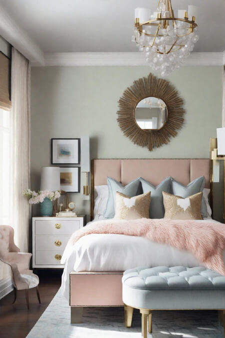 neutral bedroom pink bed. gray white