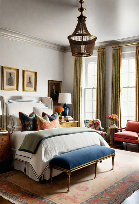 neutral bedroom with color navy gold red