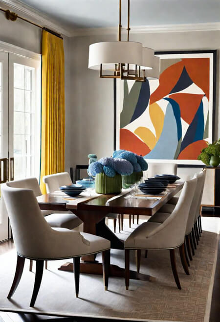neutral dining room colorful art yellow curtains
