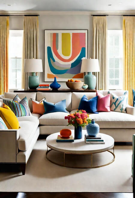 neutral living room colorful art white sectional