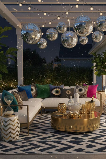 Outdoor patio decorated for New Years Eve party