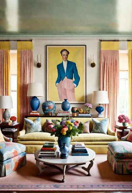 pastel living room pink yellow patterns large portrait