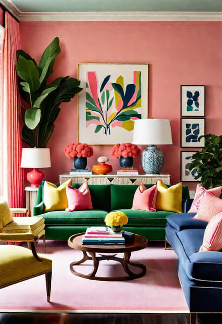 pink living room green blue yellow