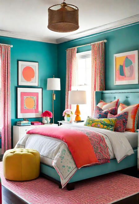 teal teen girl bedroom many patterns pink yellow