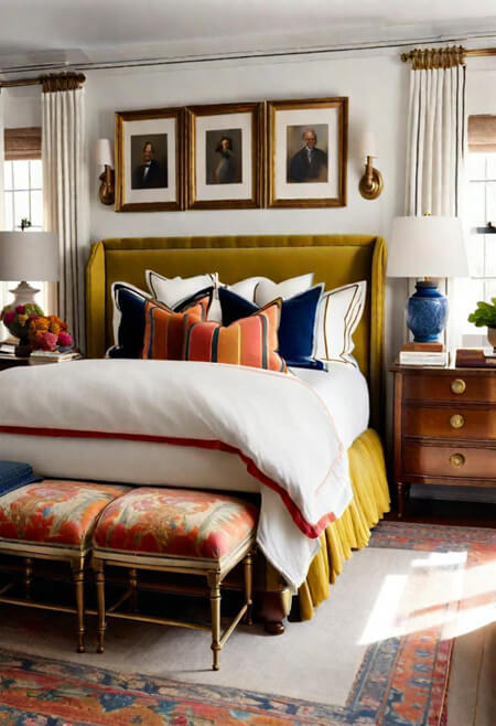 traditional bedroom patterns mustard bed stripes portraits
